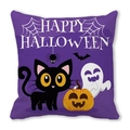 Detail of Happy Halloween pillow featuring a cartoon black cat, pumpkin, and purple fabric - Bright Purple Black Cat Pumpkin (12)