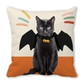 Detailed view of Halloween throw pillow with black cat and bat wings on peach skin fabric - Beige Splicing Realistic Black Cat (14)