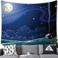 Starry night wall tapestry featuring a full moon and cabin over a grey sofa - Starry Cabin / 100x70cm (Peach Skin)