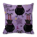 Halloween purple cushion cover with Hocus Pocus text, witch legs and cauldron motifs - Halloween Witch Cauldron Striped Sock Pattern (27)