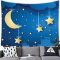 Cartoon starry night sky wall tapestry with crescent moon and city silhouette in blue - City Starry Sky / 100x70cm (Peach Skin)