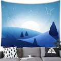 Cartoon summer beach wall tapestry with blue moon and mountain landscape in a cozy living room - Aesthetic Constellation / 100x70cm (Peach Skin)
