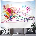 Vibrant butterfly and floral heart tapestry hanging over a modern grey sofa - 100x70cm / Abstract Heart Streamline Butterfly (Peach Skin) / 21