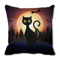 Halloween throw pillow cover featuring black cat, orange moon, and flying bats design - Yellow Eye Cat Pine Forest Silhouette (34)