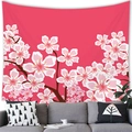 Detail of pink cherry blossom tapestry hanging above a grey sofa in a cozy room - Lush Pink & White Sakura Style (19) / 100x70cm (Peach Skin)