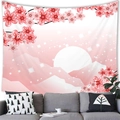 Detailed view of pink cherry blossom tapestry hung over a sofa for wall decoration - Japanese Sakura Moon & Mountains Style (8) / 100x70cm (Peach Skin)