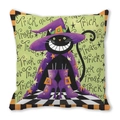 Halloween pillowcase with cartoon black cat in wizard hat and orange checkered border - Black Cat Witch Hat Trick or Treat Illustration (29)