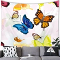 Detail of colorful butterfly tapestry hanging above a modern sofa in a living room - 100x70cm / Blue Morpho and Monarch Butterflies (Peach Skin) / 14