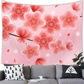 Detailed texture of pink cherry blossom wall tapestry hanging above a grey sofa - Pink Plum Blossom Branch Style (16) / 100x70cm (Peach Skin)