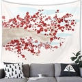 Close-up of pink cherry blossom tapestry with Chinese ink style hanging in a living room - Red Plum on White Background Style (5) / 100x70cm (Peach Skin)