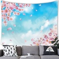 Pink cherry blossom tapestry hung above a gray sofa in a modern living room - Sakura & Blue Sky Healing Style (14) / 100x70cm (Peach Skin)