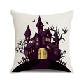 Square Halloween cushion cover with purple castle and bat illustration on beige fabric - Purple Castle Bat Illustration (27)