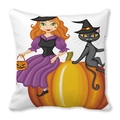 Fodera per cuscino Halloween con strega e zucca su tessuto morbido in pelle di pesca - Cartoon Redhead Witch Cat Pumpkin (30)