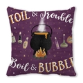 Halloween pillow cover with purple cauldron design and magic potion bottles on fabric - Purple Base Black Cauldron Potion Print (30)