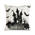 Halloween pillow cover with black watercolor castle and bat silhouette on beige fabric - Black Ink Silhouette Castle (28)