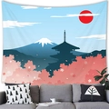 Japanese style cherry blossom tapestry with Mt Fuji and pagoda hanging over a sofa - Medium Peach Skin Fabric / Fuji Tower Red Sun