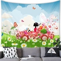 Cartoon girl driving a flower car tapestry hanging above a grey sofa in a modern room - 100x70cm / Hand-drawn Cartoon Girl in Car (Peach Skin) / 3