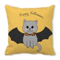Halloween throw pillow cover featuring cartoon cat with bat wings on a yellow background - Bright Yellow Background Grey Cat (22)