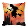 Halloween pillow cover featuring a witch flying over a gothic castle at sunset - Witch Riding Broom Flight Pattern(29)