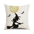 Halloween pillow cover featuring black witch silhouette and yellow moon on linen fabric - Broom Witch and Full Moon Style (30)