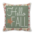 Funda de cojín verde salvia Hello Fall con letras blancas y hoja de arce naranja - Diseño Hello FALL verde salvia