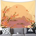 Pink cherry blossom wall tapestry with Japanese sunset landscape for living room decor - Medium Peach Skin Fabric / Sunset Sakura Boats