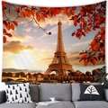 Eiffel Tower tapestry hung over a grey sofa showing autumn leaves and sunset detail - 9 / 100x70(Peach Skin)