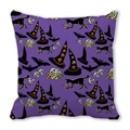 Halloween throw pillow cover featuring black cat, skull and bat motifs on purple background - Purple Base Black Cat Skeleton Bat Pattern (35)