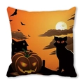 Halloween decorative pillow case featuring black cat, pumpkin, and bats on orange sunset - Sunset Old House Black Cat (26)