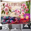 Vintage floral wall tapestry with pink peonies and zen stones above a grey sofa - 150x100(Peach Skin) / Zen Peony Candle (1)