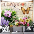 Close-up of vintage flower and butterfly tapestry on a modern living room wall - 150x100(Peach Skin) / Pastoral Floral Butterfly (2)