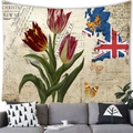 Detail of vintage wall tapestry with red tulips and butterfly over a cozy sofa decor - 150x100(Peach Skin) / Christmas Tulips (6)