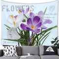 Macro detail of vintage floral tapestry featuring purple crocus flowers and quote text - Purple Crocus Quote (8)