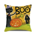 Halloween black cat and pumpkin witch hat design on a beige linen cushion cover - 18x18 Inch / Black Cat Witch Hat Jack-o'-lantern Style (25)