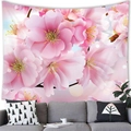 Pink cherry blossom wall tapestry hanging above a grey sofa in a modern room - Realistic Lush Pink Sakura Style (10) / 100x70cm (Peach Skin)
