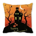 Halloween decorative pillowcase featuring pumpkin, haunted house, and Happy Halloween text - Haunted House Jack-o'-lantern Crescent Moon Pattern(34)