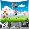 Butterfly girl tapestry with floral umbrella design hung over a grey sofa - 100x70cm / Girl Silhouette with Floral Umbrella (Peach Skin) / 5