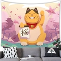 Japanese style pink cherry blossom tapestry with lucky cat design over a gray sofa - Lucky Cat Sakura Healing Style (11) / 100x70cm (Peach Skin)