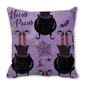 Purple Halloween pillow cover with Hocus Pocus text, witch legs, and cauldron design - Purple Base Black Witch Cauldron Web (38)