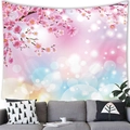 Pink cherry blossom tapestry wall hanging with bokeh effects above a grey sofa - Pink Sakura Bokeh Dreamy Style (15) / 100x70cm (Peach Skin)