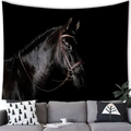 Detailed close-up of a realistic black horse head tapestry hung over a sofa for wall decor - Black Horse Profile (Style 10) / 100x70cm (Peach Skin Fabric)