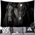 Detailed view of black and white horse tapestry hanging on a modern living room wall - Double Black Horse Portrait (Style 9) / 100x70cm (Peach Skin Fabric)