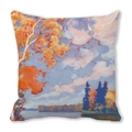 Artistic oil painting style cushion cover featuring a scenic autumn lake and orange trees - Lakeside Autumn Impressionist (38)