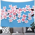 Pink cherry blossom wall tapestry with light blue background over a grey sofa - Realistic Pink Sakura Blue Sky Style (20) / 100x70cm (Peach Skin)