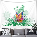 Polyester tapestry featuring a colorful butterfly and ivy leaves on a minimalist white wall - 100x70cm / Colorful Butterfly with Green Leaves (Peach Skin) / 9