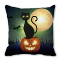 Halloween pillowcase featuring a black cat, pumpkin, and moon on a dark background - Dark Green Background Cat Pumpkin (33)