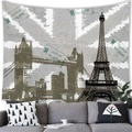 Vintage wall tapestry featuring Eiffel Tower and Tower Bridge on world map background - 100X70 / Peach Skin / 复古旅行地标(13)