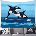 Tapiz de pared con ballena del cielo sobre sofá gris para decoración de interiores - 100x70(Piel de Melocotón) / Ilustración de Orca Saltando Cartoon