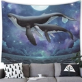 Tapiz de pared de ballenas en cielo estrellado azul y púrpura para decorar el hogar - 100x70(Piel de Melocotón) / Luna Llena Olas Dos Ballenas