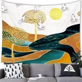 Detail of Chinese landscape tapestry with gold trees and blue river over a sofa - Golden Sun Style (20) / 100x70cm